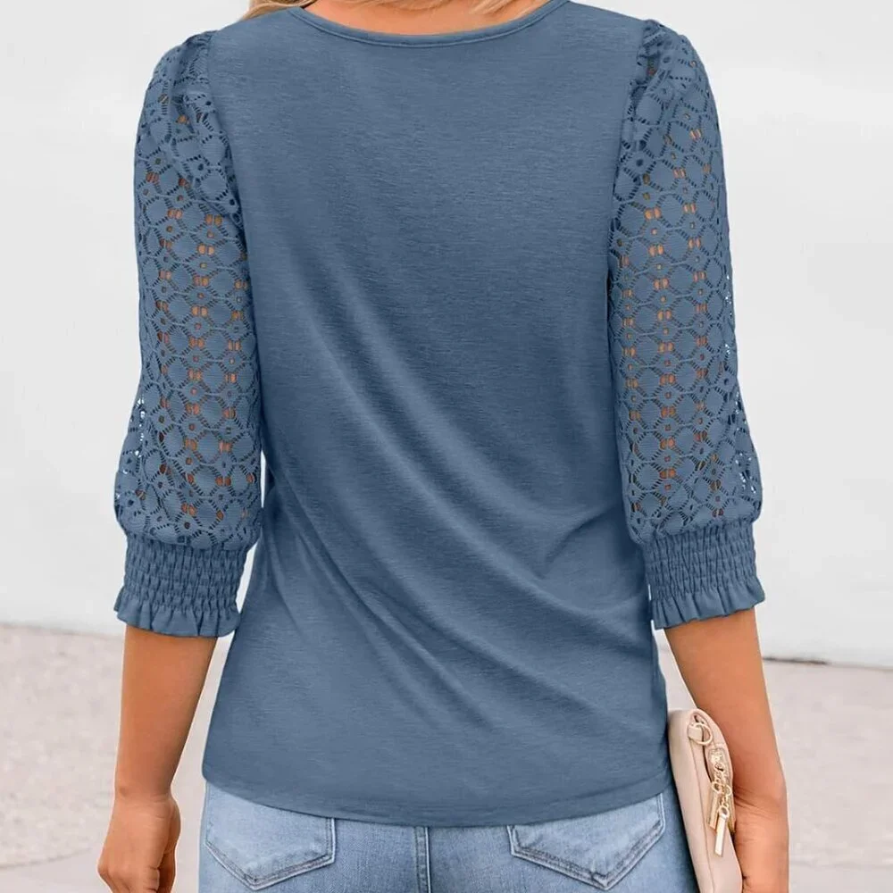 Womens Lace 3/4 Sleeve Top Polyester Rayon Spandex Casual Spring Summer - Picture 4 of 5